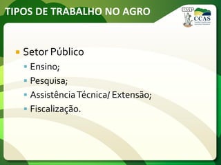 TIPOS DE TRABALHO NO AGRO
 Setor Público
 Ensino;
 Pesquisa;
 AssistênciaTécnica/ Extensão;
 Fiscalização.
 