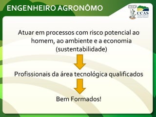 ENGENHEIRO AGRONÔMO
Atuar em processos com risco potencial ao
homem, ao ambiente e a economia
(sustentabilidade)
Profissionais da área tecnológica qualificados
Bem Formados!
 