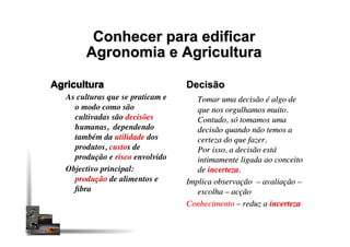 Agronomia e Agricultura
Agricultura
As culturas que se praticam e
o modo como são
cultivadas são decisões
humanas, dependendo
também da utilidade dos
produtos, custos de
produção e risco envolvido
Objectivo principal:
produção de alimentos e
ﬁbra
Decisão
Tomar uma decisão é algo de
que nos orgulhamos muito.
Contudo, só tomamos uma
decisão quando não temos a
certeza do que fazer.
Por isso, a decisão está
intimamente ligada ao conceito
de incerteza.
Implica observação – avaliação –
escolha – acção
Conhecimento – reduz a incerteza
Conhecer para edificar
Agricultura
 