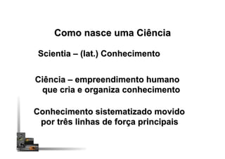 Como nasce uma Ciência
Conhecimento sistematizado movido
por três linhas de força principais
Scientia – (lat.) Conhecimento
Ciência – empreendimento humano
que cria e organiza conhecimento
 