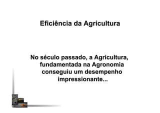 Eficiência da Agricultura
No século passado, a Agricultura,
fundamentada na Agronomia
conseguiu um desempenho
impressionante...
 