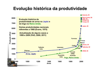Evolução histórica da produtividade
França
México
Formosa
Ceilão
IndonésiaTailândia
Índia
Filipinas
Japão, 99
Tailândia, 99
Itália
USA
Canadá
URSS
AustráliaPaquistão
Índia
Reino Unido, 99
França, 99
URSS, 99
0
1000
2000
3000
4000
5000
6000
7000
8000
800 1000 1200 1400 1600 1800 2000
Anos
Produção(t/ha)
Arroz, Japão
Trigo, Reino Unido
Evolução histórica da
produtividade do arroz no Japão e
do trigo no Reino Unido.
Outras produtividades nacionais
referentes a 1968 (Evans, 1975)
França, 09
USA, 09
Holanda, 09
Rússia, 09
Actualização de alguns casos a
1999 e 2009 (FAO, 2000, 2011)
 