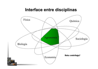 Interface entre disciplinas
Física Química
Biologia
Economia
SociologiaAgronomia
Rota centrífuga?
 