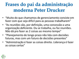Frases do pai da administração
moderna Peter Drucker
• “Muito do que chamamos de gerenciamento consiste em
fazer com que seja difícil para as pessoas trabalharem”
• “As reuniões são, por definição, uma concessão a uma
organização deficiente. Ou se trabalha, ou faz reuniões.
Não dá pra fazer as 2 coisas ao mesmo tempo”
• “Planejamento de longo prazo não lida com decisões
futuras, mas com um futuro de decisões presentes”
• “Administração é fazer as coisas direito. Liderança é fazer
as coisas certas”
 