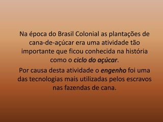 	Na época do Brasil Colonial as plantações de cana-de-açúcar era uma atividade tão importante que ficou conhecida na história como o ciclo do açúcar.Por causa desta atividade o engenho foi uma das tecnologias mais utilizadas pelos escravos nas fazendas de cana.