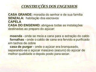 CONSTRUÇÕES DOS ENGENHOS CASA GRANDE:  moradia do senhor e de sua família SENZALA:   habitação dos escravos CAPELA CASA DO ENGENHO:  abrigava todas as instalações destinadas ao preparo do açúcar: moenda  - onde se moía a cana para a extração do caldo fornalhas  - onde o caldo de cana era fervido e purificado em tachos de cobre casa de purgar  - onde o açúcar era branqueado, separando-se o açúcar mascavo (escuro) do açúcar de melhor qualidade e depois posto para secar.  