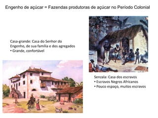 Engenho de açúcar = Fazendas produtoras de açúcar no Período ColonialCasa-grande: Casa do Senhor do Engenho, de sua família e dos agregadosGrande, confortávelSenzala: Casa dos escravosEscravos Negros Africanos 