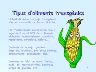 Tipus d’aliments transgènics El blat de moro i la soja transgènica són poc consumits de forma directa. Els transformats s’incorporen com a ingredient en el 60% dels aliments elaborats industrialment: xocolata, reposteria, congelats, gelats... Derivats de la soja: greixos vegetals, lecitines, proteïnes farines, emulsionants, espessants, olis... Derivats del blat de moro: farina, midó, oli, maltodextrina, dextrosa, sirope de glucosa, etc. 