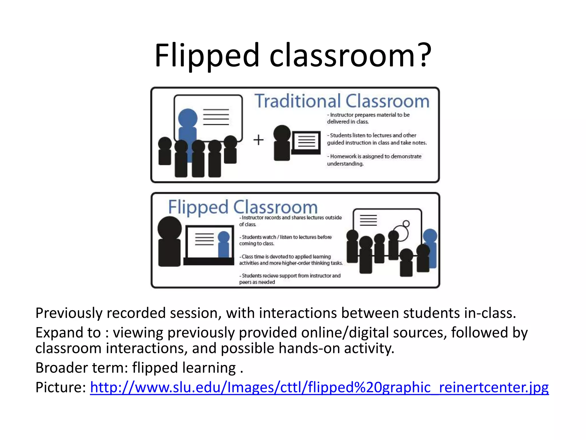 Flipped classroom?
Previously recorded session, with interactions between students in-class.
Expand to : viewing previously provided online/digital sources, followed by
classroom interactions, and possible hands-on activity.
Broader term: flipped learning .
Picture: http://www.slu.edu/Images/cttl/flipped%20graphic_reinertcenter.jpg
 