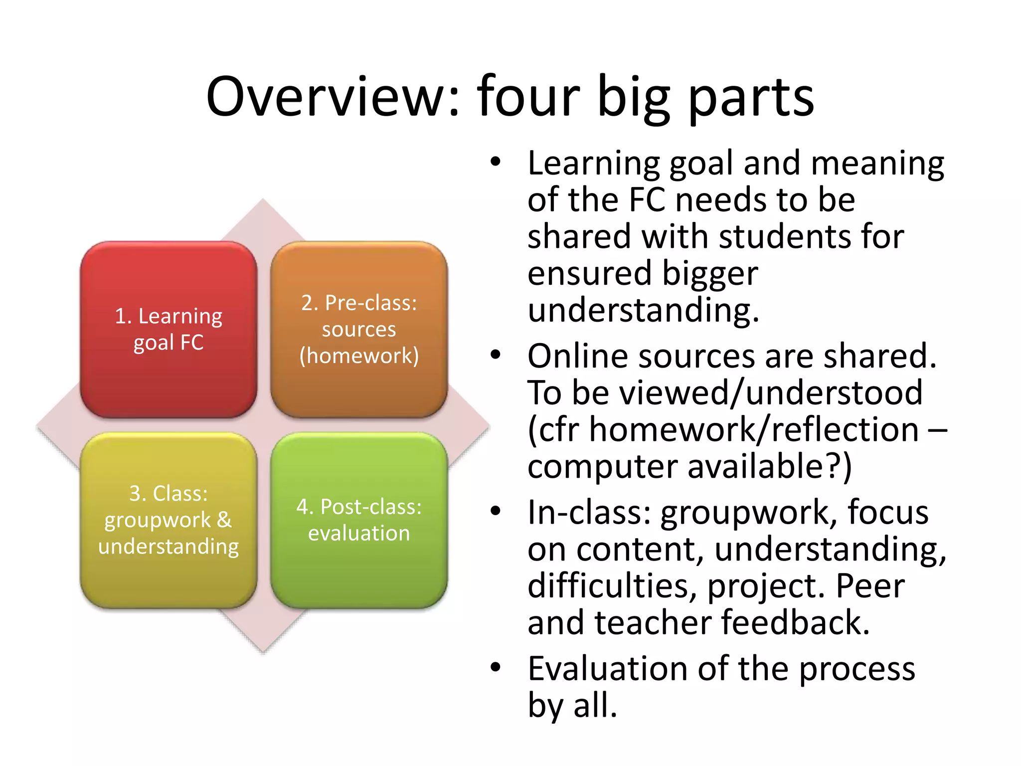 Overview: four big parts
• Learning goal and meaning
of the FC needs to be
shared with students for
ensured bigger
understanding.
• Online sources are shared.
To be viewed/understood
(cfr homework/reflection –
computer available?)
• In-class: groupwork, focus
on content, understanding,
difficulties, project. Peer
and teacher feedback.
• Evaluation of the process
by all.
1. Learning
goal FC
2. Pre-class:
sources
(homework)
3. Class:
groupwork &
understanding
4. Post-class:
evaluation
 