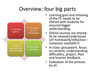 Overview: four big parts
• Learning goal and meaning
of the FC needs to be
shared with students for
ensured bigger
understanding.
• Online sources are shared.
To be viewed/understood
(cfr homework/reflection –
computer available?)
• In-class: groupwork, focus
on content, understanding,
difficulties, project. Peer
and teacher feedback.
• Evaluation of the process
by all.
1. Learning
goal FC
2. Pre-class:
sources
(homework)
3. Class:
groupwork &
understanding
4. Post-class:
evaluation
 