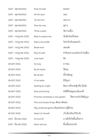 - 19 -
(GAT – ตุลาคม2552) Drop the ball สะเพร่า
(GAT – ตุลาคม2552) Hit the sack นอน
(GAT – ตุลาคม2552) Tie the knot แต่งงาน
(GAT – ตุลาคม2552) Pave the way ปูทาง
(GAT – ตุลาคม2552) Throw a party จัดงานเลี้ยง
(GAT – กรกฎาคม 2552) Back to square one เริ่มต้นใหม่ทั้งหมด
(GAT – กรกฎาคม 2552) Kept a low profile ไม่ทาตัวเป็นจุดสนใจ
(GAT – กรกฎาคม 2552) Break even เสมอตัว
(GAT – กรกฎาคม 2552) Play (it) safe ทาด้วยความระมัดระวัง ไม่เสี่ยง
(GAT – กรกฎาคม 2552) Lose heart ท้อ
(B-GAT 2552) So long ลาก่อน
(B-GAT 2552) By all means ได้เลย
(B-GAT 2552) Be all ears ตั้งใจฟังอยู่
(B-GAT 2552) In hot water มีปัญหา
(B-GAT 2552) Spoiling for a fight ต้องการที่จะต่อสู้ หรือ โต้แย้ง
(B-GAT 2552) Alive and kicking ยังมีชีวิตอยู่และแข็งแรงดี
(B-GAT 2552) Promises somebody a rose garden ให้ความหวัง/ให้สัญญา
(B-GAT 2552) Pick and choose things เฟ้ นหา/คัดสรร
(B-GAT 2552) Play emotional games ล้อเล่นกับความรู้สึกคน
(B-GAT 2552) Keep it to himself เก็บเรื่องเงียบไว้กับตัว
(GAT - มีนาคม 2552) On and off บางสิ่งที่เกิดขึ้นครั้งคราว
(GAT - มีนาคม 2552) Down and out สิ้นเนื้อประดาตัว
 
