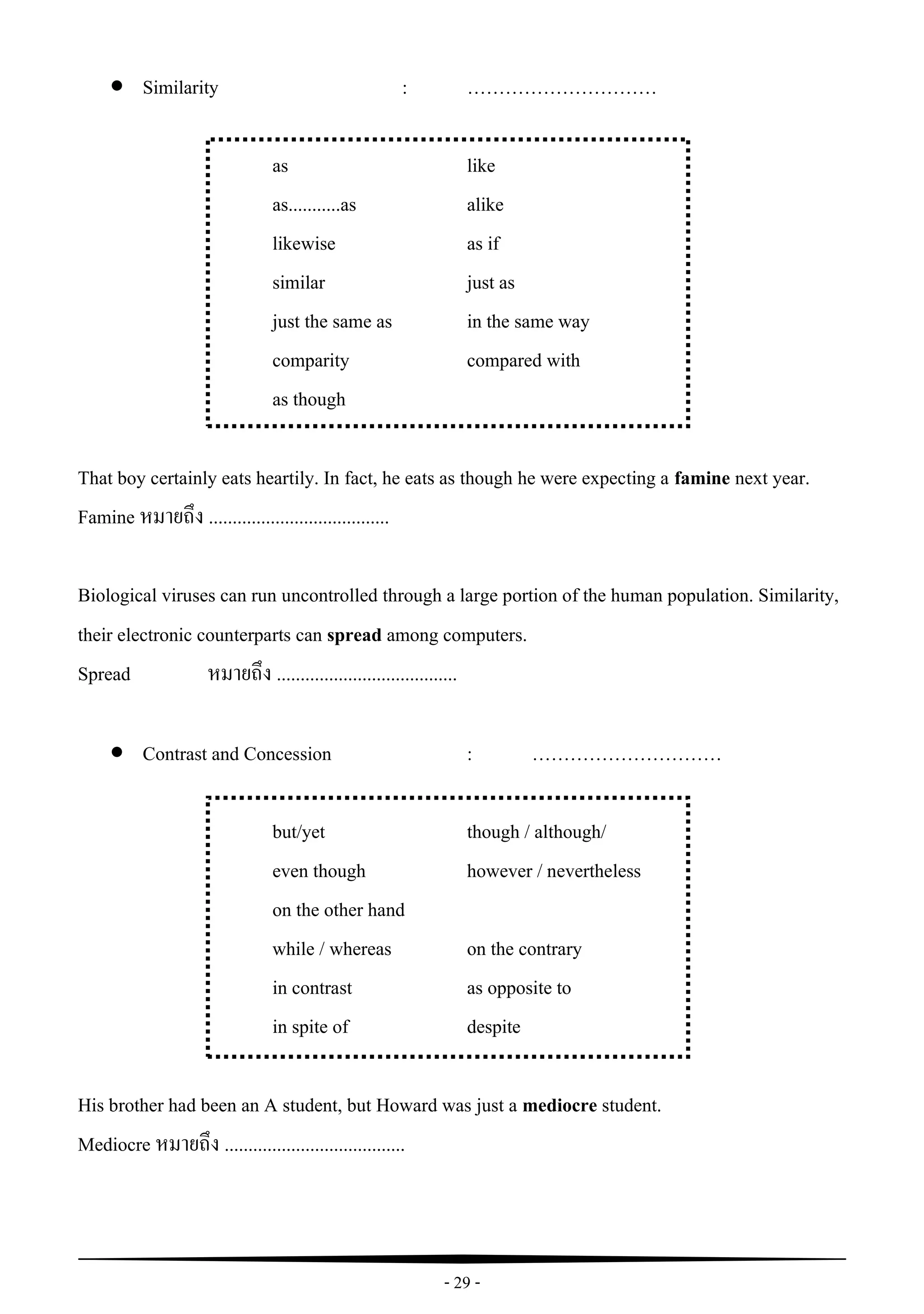 - 29 -
 Similarity : …………………………
as like
as...........as alike
likewise as if
similar just as
just the same as in the same way
comparity compared with
as though
That boy certainly eats heartily. In fact, he eats as though he were expecting a famine next year.
Famine หมายถึง ......................................
Biological viruses can run uncontrolled through a large portion of the human population. Similarity,
their electronic counterparts can spread among computers.
Spread หมายถึง ......................................
 Contrast and Concession : …………………………
but/yet though / although/
even though however / nevertheless
on the other hand
while / whereas on the contrary
in contrast as opposite to
in spite of despite
His brother had been an A student, but Howard was just a mediocre student.
Mediocre หมายถึง ......................................
 