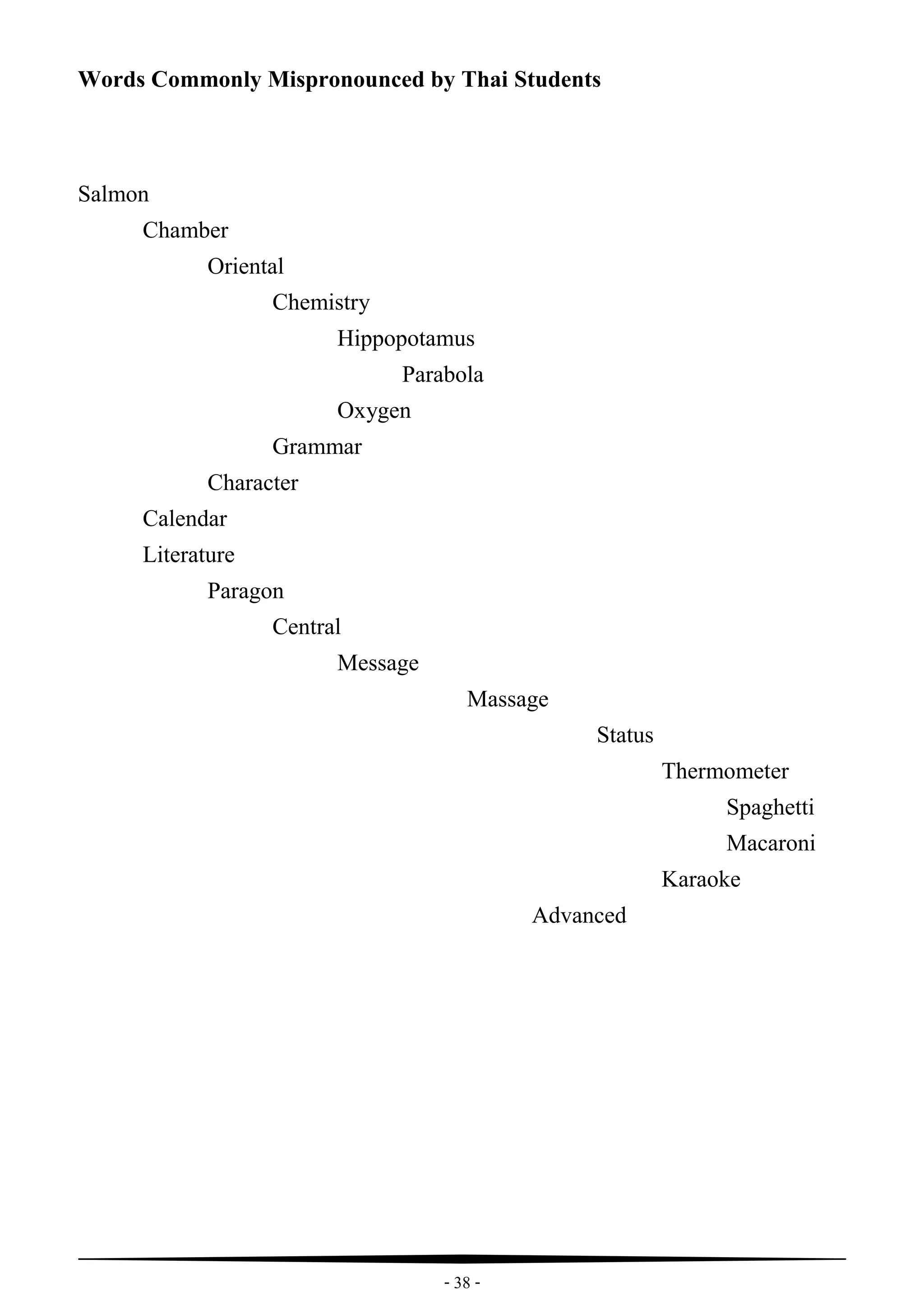 - 38 -
Words Commonly Mispronounced by Thai Students
Salmon
Chamber
Oriental
Chemistry
Hippopotamus
Parabola
Oxygen
Grammar
Character
Calendar
Literature
Paragon
Central
Message
Massage
Status
Thermometer
Spaghetti
Macaroni
Karaoke
Advanced
 
