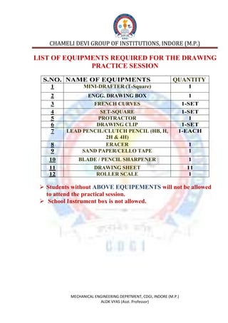 Engg Using Instruments List Engg. drawing lab manual | PDF