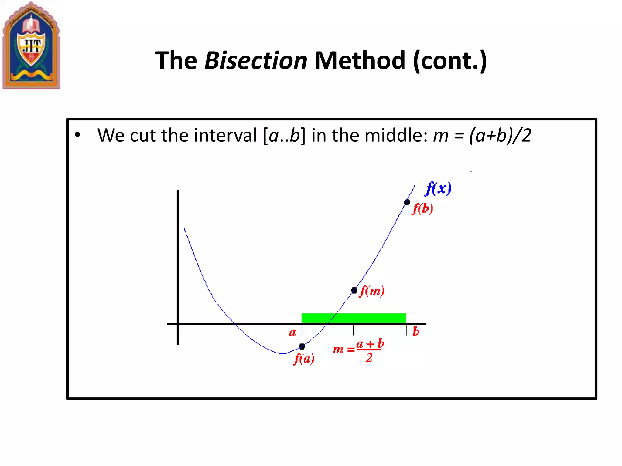 The Bisection Method (cont.)
• We cut the interval [a..b] in the middle: m = (a+b)/2
 
