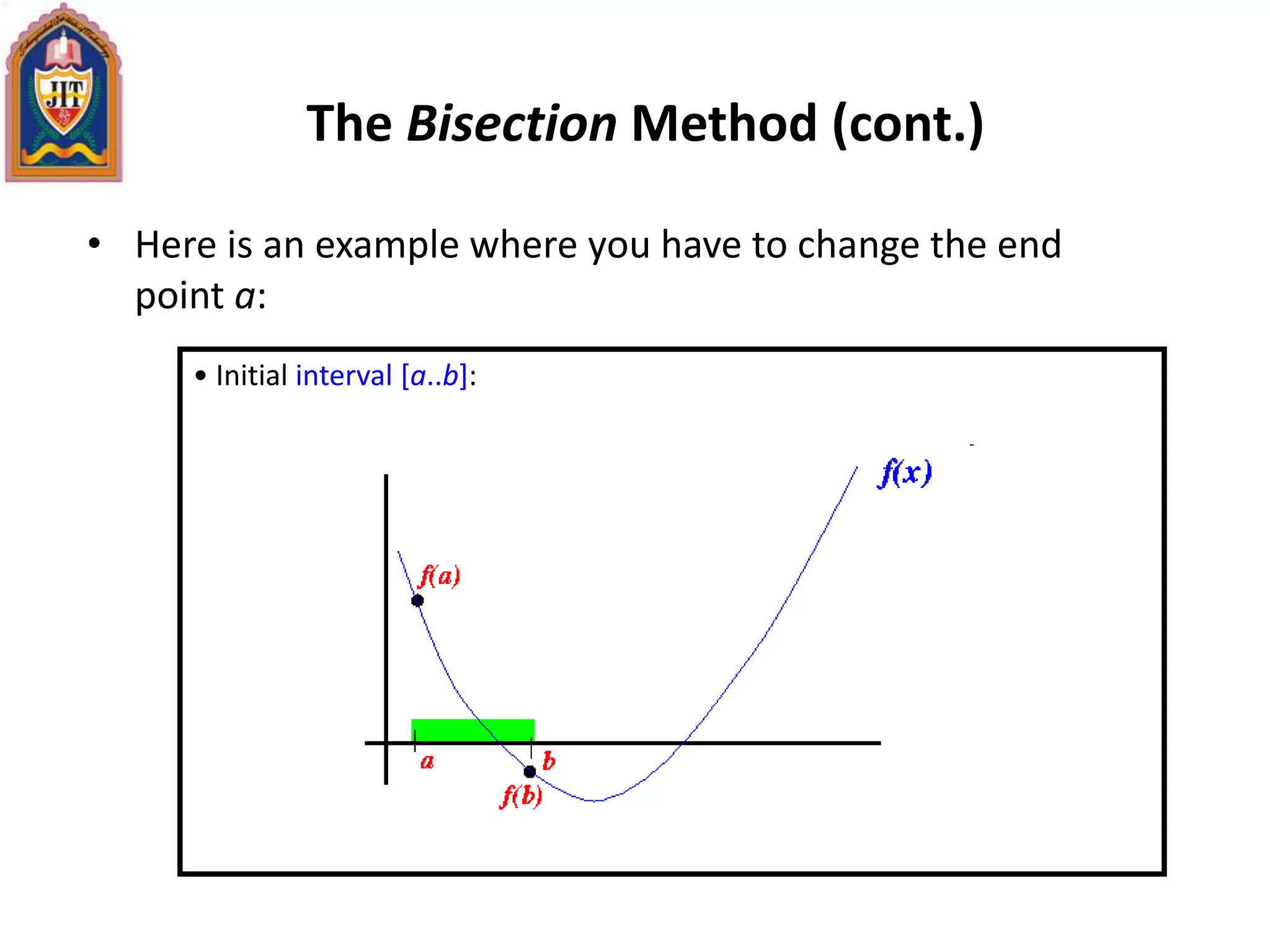 The Bisection Method (cont.)
• Here is an example where you have to change the end
point a:
• Initial interval [a..b]:
 