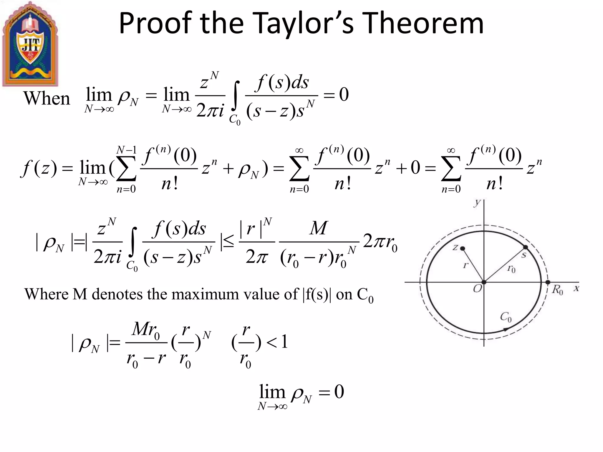 Proof the Taylor’s Theorem
0
( )
lim lim 0
2 ( )
N
N NN N
C
z f s ds
i s z s

 
 

( ) ( ) ( )1
0 0 0
(0) (0) (0)
( ) lim( ) 0
! ! !
n n nN
n n n
N
N
n n n
f f f
f z z z z
n n n

  

  
      
When
0
0
0 0
( ) | |
| | | | 2
2 ( ) 2 ( )
N N
N N N
C
z f s ds r M
r
i s z s r r r
 
 
 
 
Where M denotes the maximum value of |f(s)| on C0
0
0 0
| | ( )N
N
Mr r
r r r
 

lim 0N
N



0
( ) 1
r
r

 