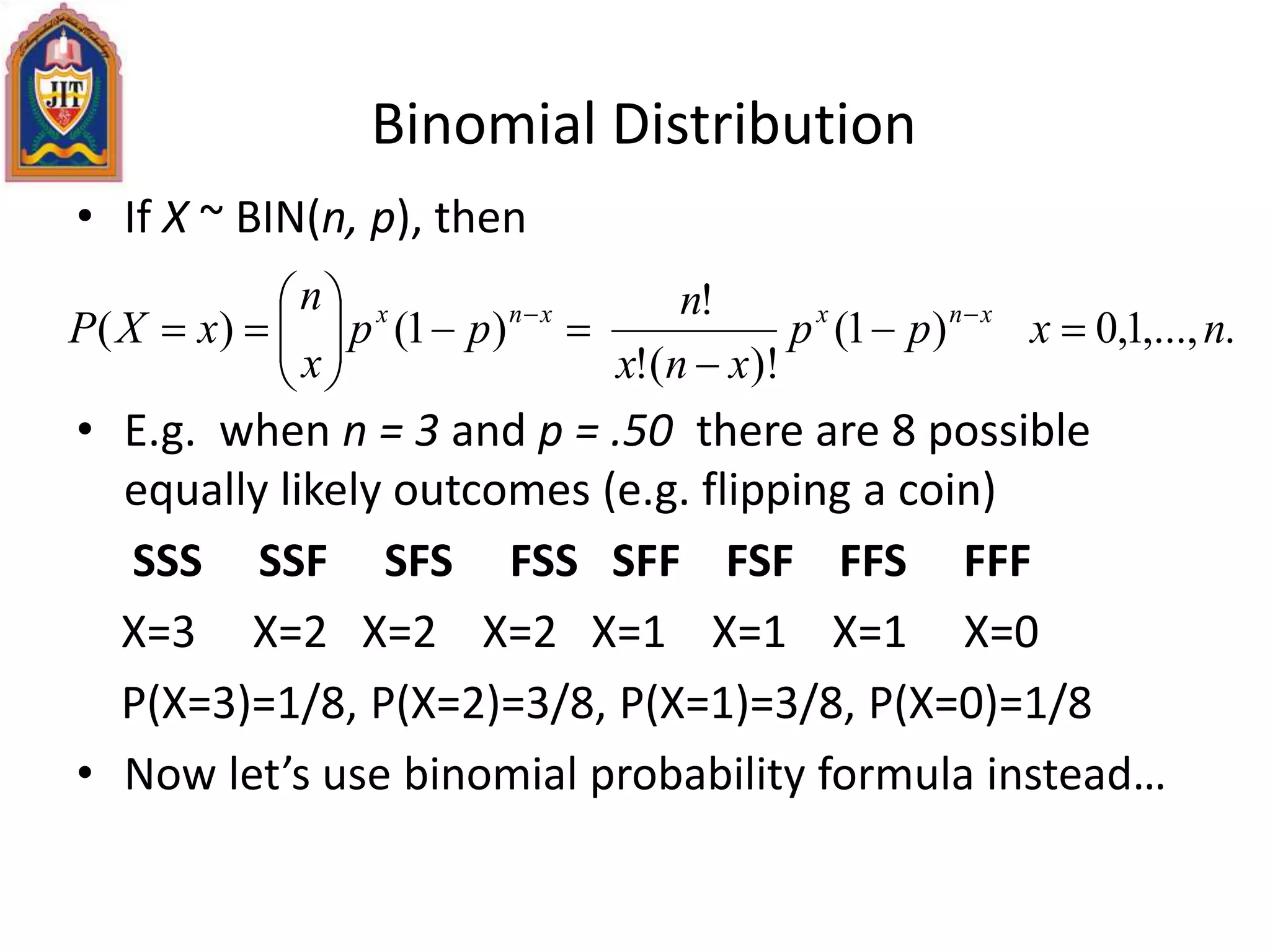 Binomial Distribution
• If X ~ BIN(n, p), then
• E.g. when n = 3 and p = .50 there are 8 possible
equally likely outcomes (e.g. flipping a coin)
SSS SSF SFS FSS SFF FSF FFS FFF
X=3 X=2 X=2 X=2 X=1 X=1 X=1 X=0
P(X=3)=1/8, P(X=2)=3/8, P(X=1)=3/8, P(X=0)=1/8
• Now let’s use binomial probability formula instead…
.,...,1,0)1(
)!(!
!
)1()( nxpp
xnx
n
pp
x
n
xXP xnxxnx








 
 