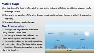 Mature Stage
 In this stage the long profiles of rivers are found to have obtained equilibrium streams and a
drainage system.
 The power of erosion of the river is also much reduced and balance with its transporting
capacity.
 Transportation occurs in 4 ways.
River Transportation -
• Rolling – The large stones are rolled
along the bed of the river.
• Bouncing – The smaller pebbles are
bounced along the bed of the river.
• Suspension – Light material like sand and
silt are carried along (floating) in the water.
• Solution – Dissolved materials are carried
along by the river.
 