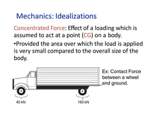 Mechanics: Idealizations
Concentrated Force: Effect of a loading which is
assumed to act at a point (CG) on a body.
•Provided the area over which the load is applied
is very small compared to the overall size of the
body.
Ex: Contact Force
between a wheel
and ground.
40 kN 160 kN
 