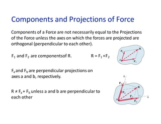 Components and Projections of Force
Components of a Force are not necessarily equal to the Projections
of the Force unless the axes on which the forces are projected are
orthogonal (perpendicular to each other).
F1 and F2 are componentsof R. R = F1 +F2
Fa and Fb are perpendicular projections on
axes a and b, respectively.
R ≠ Fa + Fb unless a and b are perpendicular to
each other
 