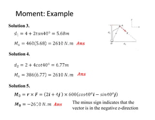 Moment: Example
Solution 3.
Solution 4.
Solution 5.
The minus sign indicates that the
vector is in the negative z-direction
 