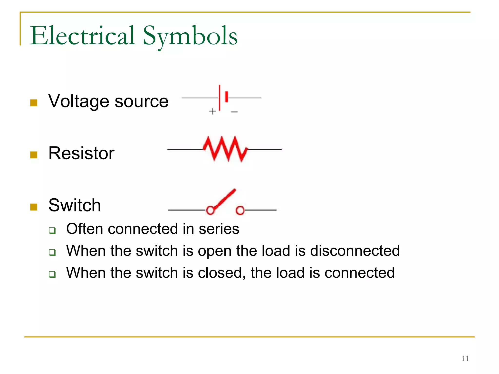 Electrical Symbols

 Voltage source

 Resistor

 Switch
   Often connected in series
   When the switch is open the load is disconnected
   When the switch is closed, the load is connected




                                                      11
 