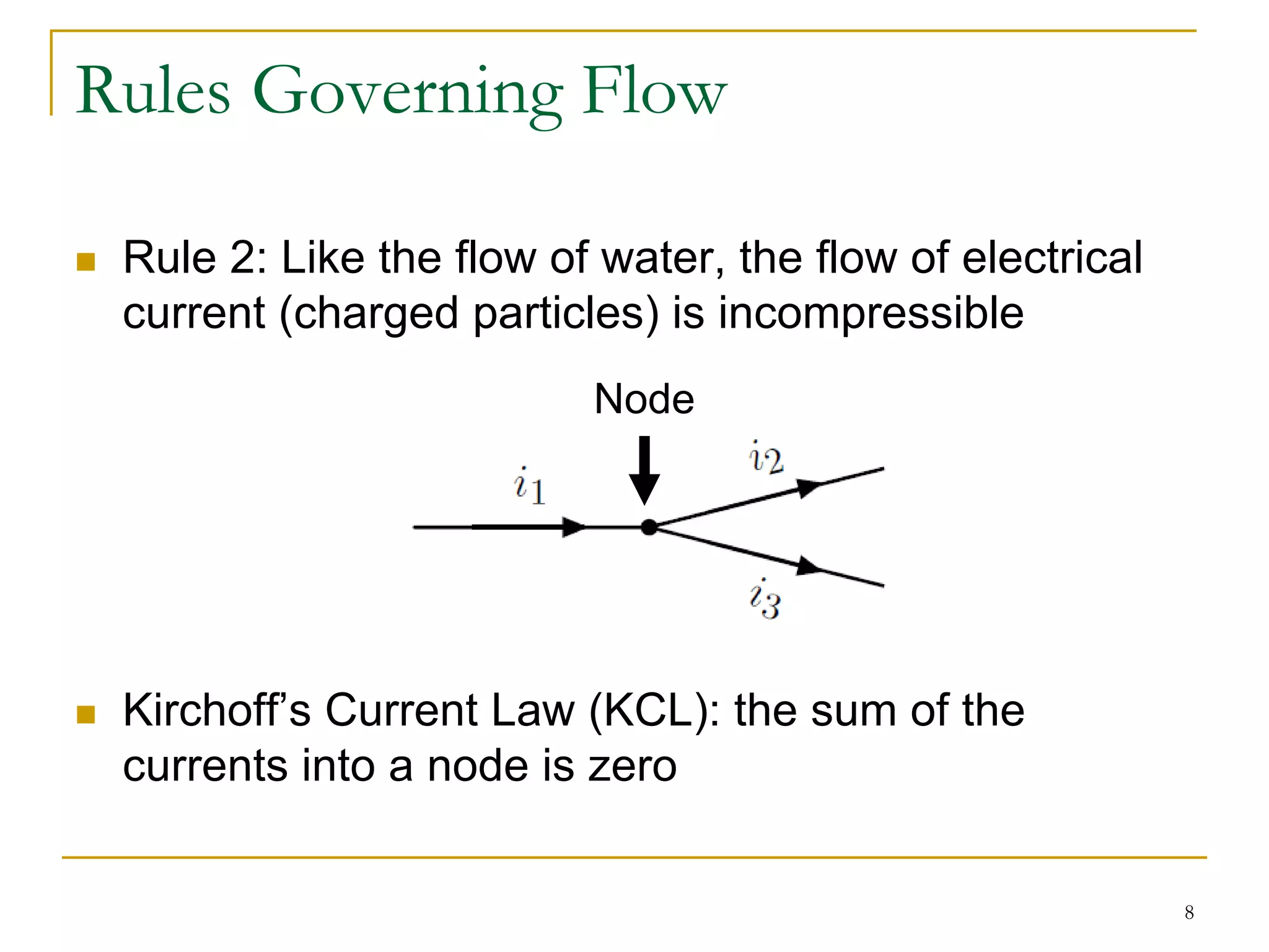 Rules Governing Flow

 Rule 2: Like the flow of water, the flow of electrical
 current (charged particles) is incompressible
                         Node




 Kirchoff’s Current Law (KCL): the sum of the
 currents into a node is zero


                                                          8
 