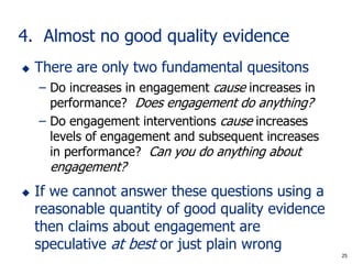 25
4. Almost no good quality evidence
 There are only two fundamental quesitons
– Do increases in engagement cause increa...