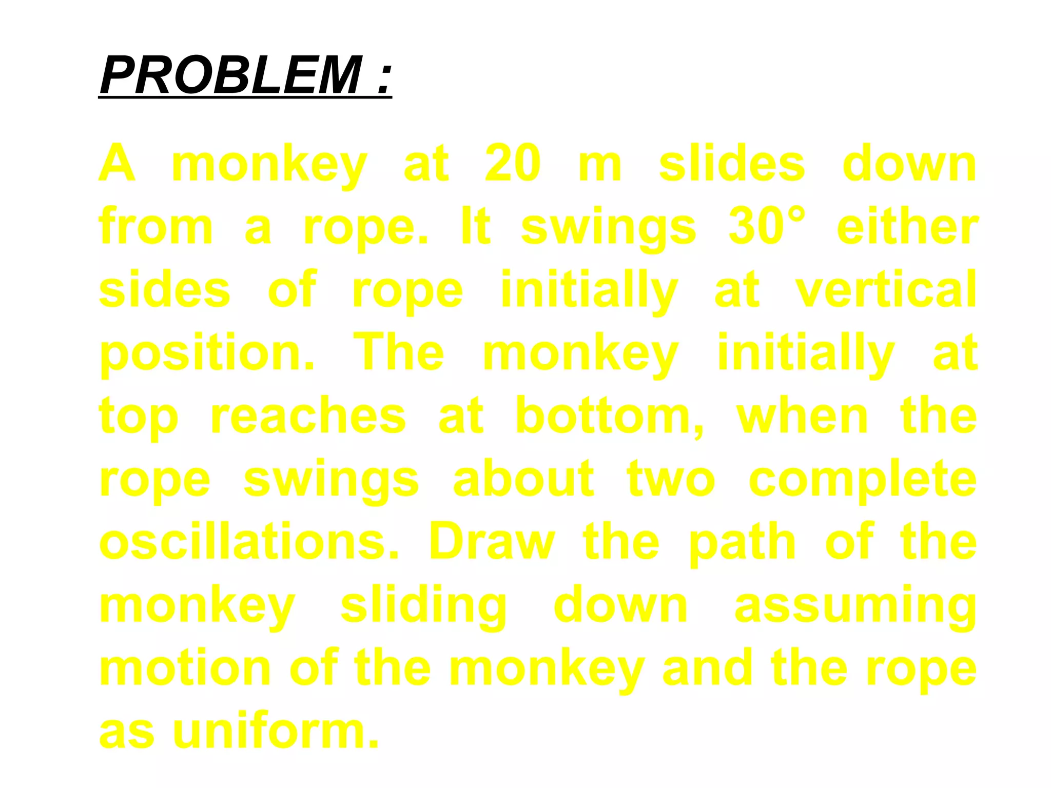 PROBLEM :
A monkey at 20 m slides down
from a rope. It swings 30° either
sides of rope initially at vertical
position. The monkey initially at
top reaches at bottom, when the
rope swings about two complete
oscillations. Draw the path of the
monkey sliding down assuming
motion of the monkey and the rope
as uniform.
 