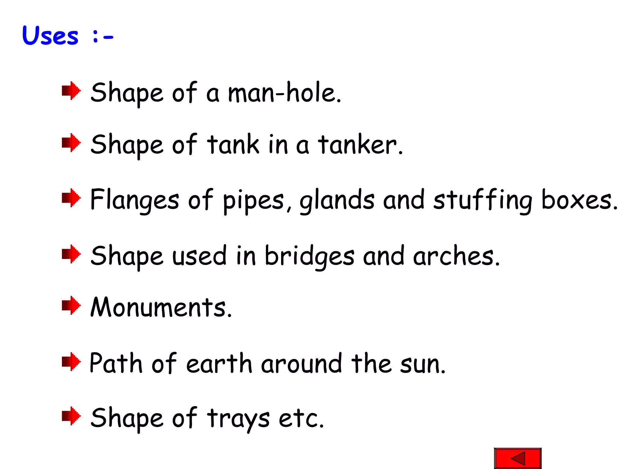 Uses :-
Shape of a man-hole.
Flanges of pipes, glands and stuffing boxes.
Shape of tank in a tanker.
Shape used in bridges and arches.
Monuments.
Path of earth around the sun.
Shape of trays etc.
 