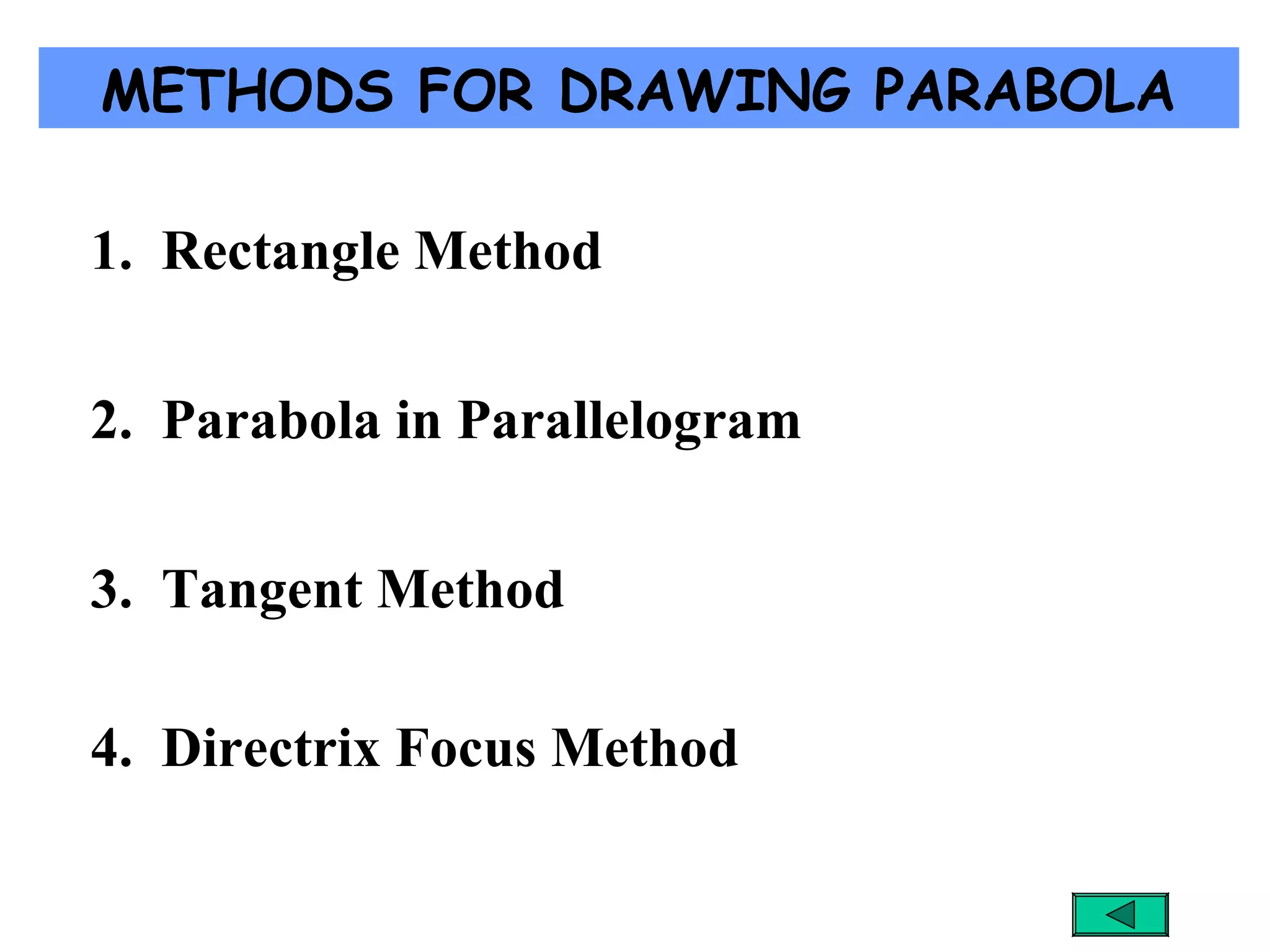 METHODS FOR DRAWING PARABOLA
1. Rectangle Method
2. Parabola in Parallelogram
3. Tangent Method
4. Directrix Focus Method
 