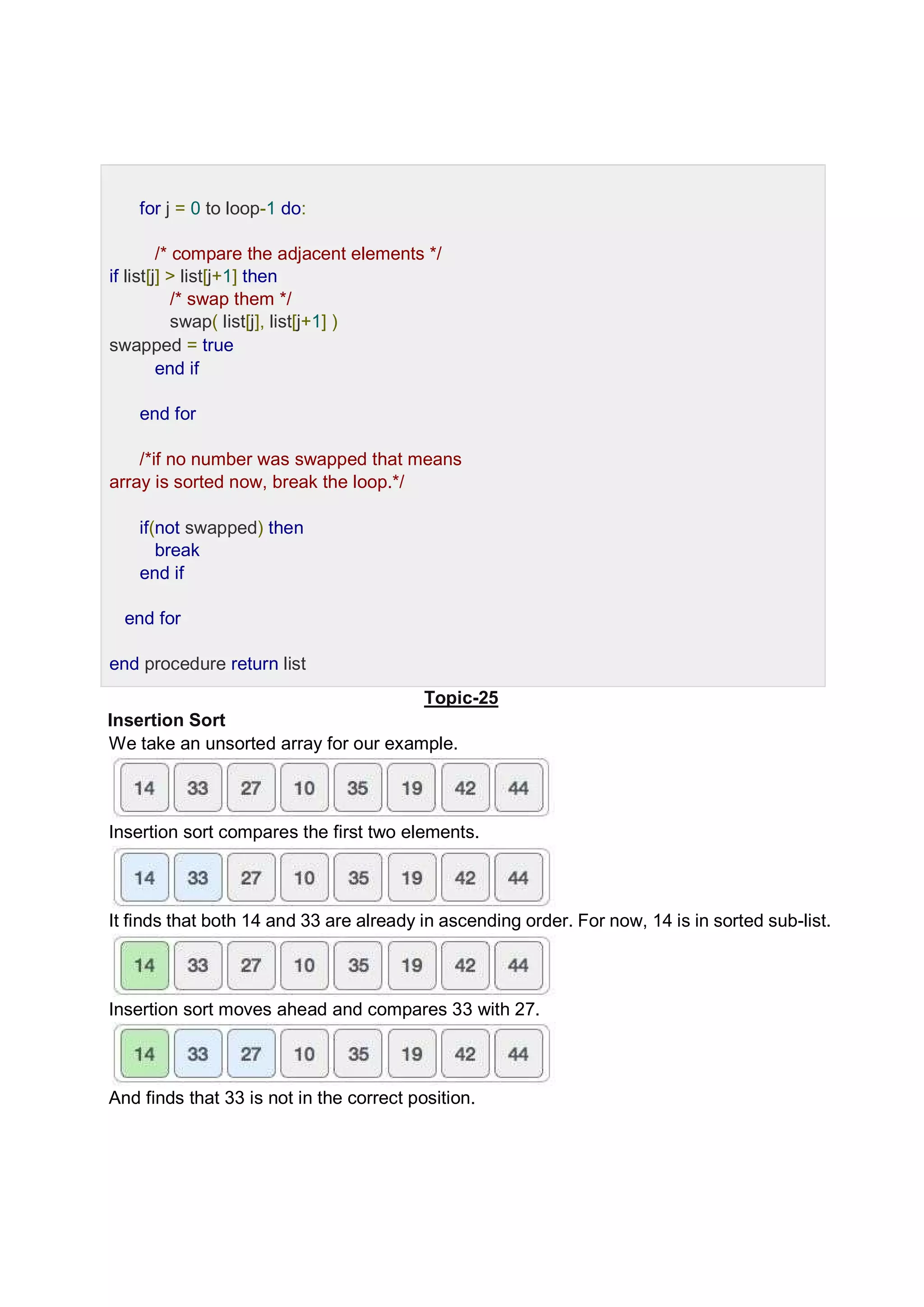for j = 0 to loop-1 do: /* compare the adjacent elements */ if list[j] > list[j+1] then /* swap them */ swap( list[j], list[j+1] ) swapped = true end if end for /*if no number was swapped that means array is sorted now, break the loop.*/ if(not swapped) then break end if end for end procedure return list Topic-25 Insertion Sort We take an unsorted array for our example. Insertion sort compares the first two elements. It finds that both 14 and 33 are already in ascending order. For now, 14 is in sorted sub-list. Insertion sort moves ahead and compares 33 with 27. And finds that 33 is not in the correct position. 