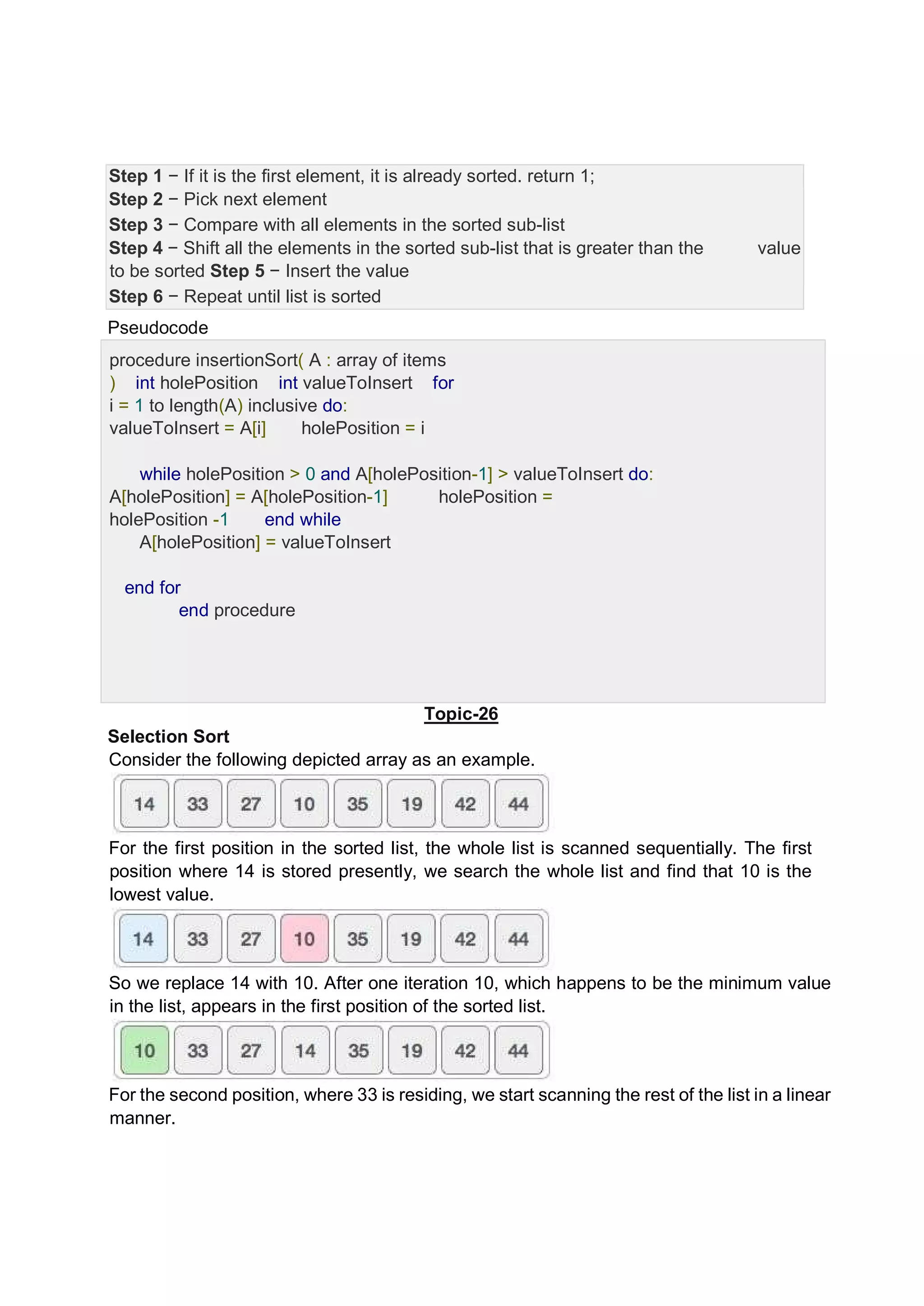 Step 1 − If it is the first element, it is already sorted. return 1; Step 2 − Pick next element Step 3 − Compare with all elements in the sorted sub-list Step 4 − Shift all the elements in the sorted sub-list that is greater than the value to be sorted Step 5 − Insert the value Step 6 − Repeat until list is sorted Pseudocode procedure insertionSort( A : array of items ) int holePosition int valueToInsert for i = 1 to length(A) inclusive do: valueToInsert = A[i] holePosition = i while holePosition > 0 and A[holePosition-1] > valueToInsert do: A[holePosition] = A[holePosition-1] holePosition = holePosition -1 end while A[holePosition] = valueToInsert end for end procedure Topic-26 Selection Sort Consider the following depicted array as an example. For the first position in the sorted list, the whole list is scanned sequentially. The first position where 14 is stored presently, we search the whole list and find that 10 is the lowest value. So we replace 14 with 10. After one iteration 10, which happens to be the minimum value in the list, appears in the first position of the sorted list. For the second position, where 33 is residing, we start scanning the rest of the list in a linear manner. 
