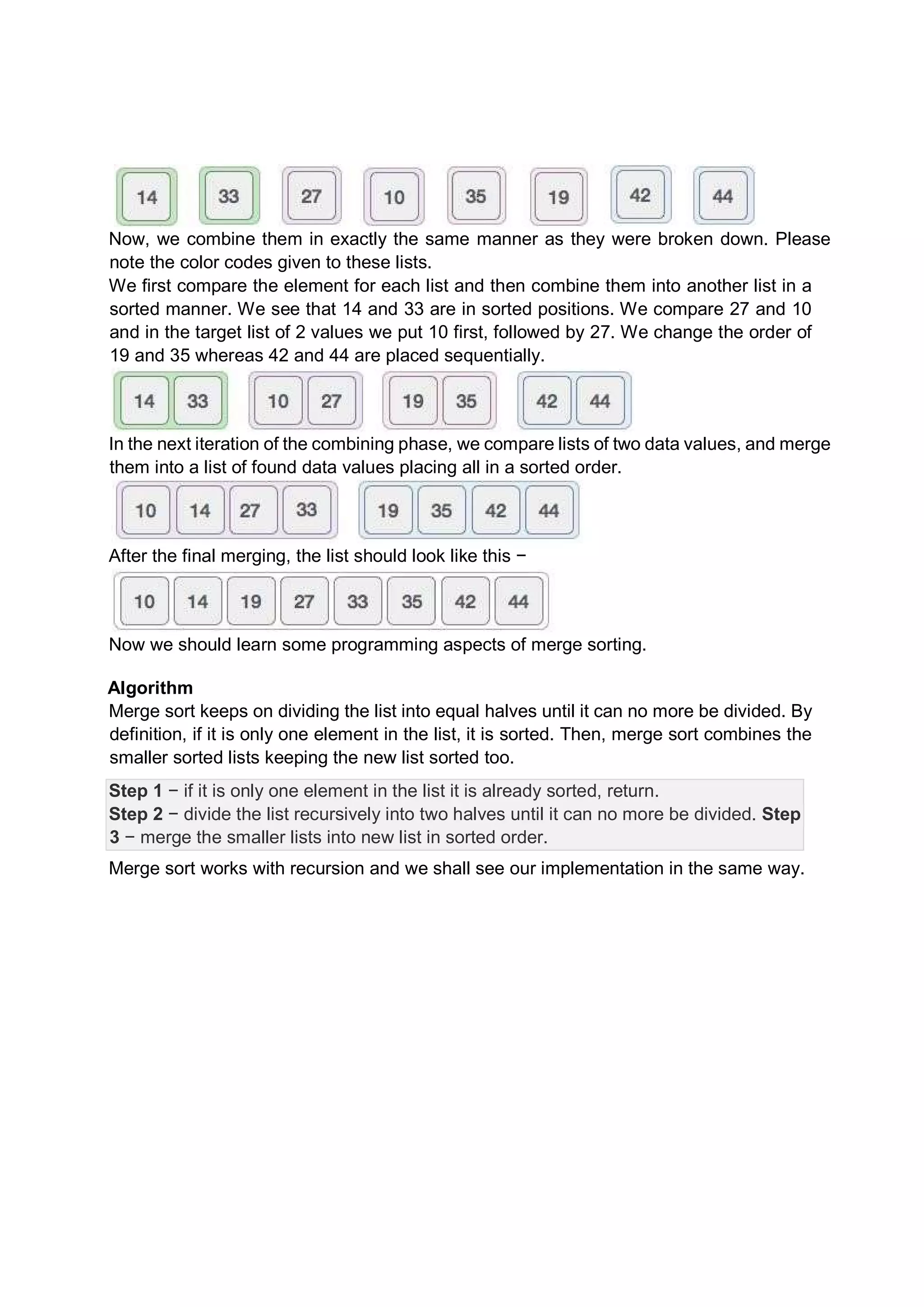 Now, we combine them in exactly the same manner as they were broken down. Please note the color codes given to these lists. We first compare the element for each list and then combine them into another list in a sorted manner. We see that 14 and 33 are in sorted positions. We compare 27 and 10 and in the target list of 2 values we put 10 first, followed by 27. We change the order of 19 and 35 whereas 42 and 44 are placed sequentially. In the next iteration of the combining phase, we compare lists of two data values, and merge them into a list of found data values placing all in a sorted order. After the final merging, the list should look like this − Now we should learn some programming aspects of merge sorting. Algorithm Merge sort keeps on dividing the list into equal halves until it can no more be divided. By definition, if it is only one element in the list, it is sorted. Then, merge sort combines the smaller sorted lists keeping the new list sorted too. Step 1 − if it is only one element in the list it is already sorted, return. Step 2 − divide the list recursively into two halves until it can no more be divided. Step 3 − merge the smaller lists into new list in sorted order. Merge sort works with recursion and we shall see our implementation in the same way. 