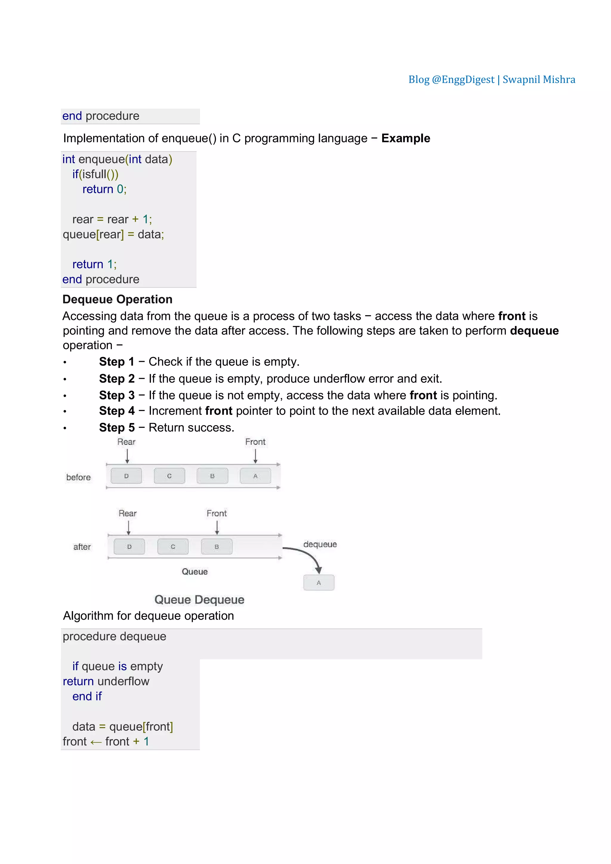 Blog @EnggDigest | Swapnil Mishra end procedure Implementation of enqueue() in C programming language − Example int enqueue(int data) if(isfull()) return 0; rear = rear + 1; queue[rear] = data; return 1; end procedure Dequeue Operation Accessing data from the queue is a process of two tasks − access the data where front is pointing and remove the data after access. The following steps are taken to perform dequeue operation − • Step 1 − Check if the queue is empty. • Step 2 − If the queue is empty, produce underflow error and exit. • Step 3 − If the queue is not empty, access the data where front is pointing. • Step 4 − Increment front pointer to point to the next available data element. • Step 5 − Return success. Algorithm for dequeue operation procedure dequeue if queue is empty return underflow end if data = queue[front] front ← front + 1 