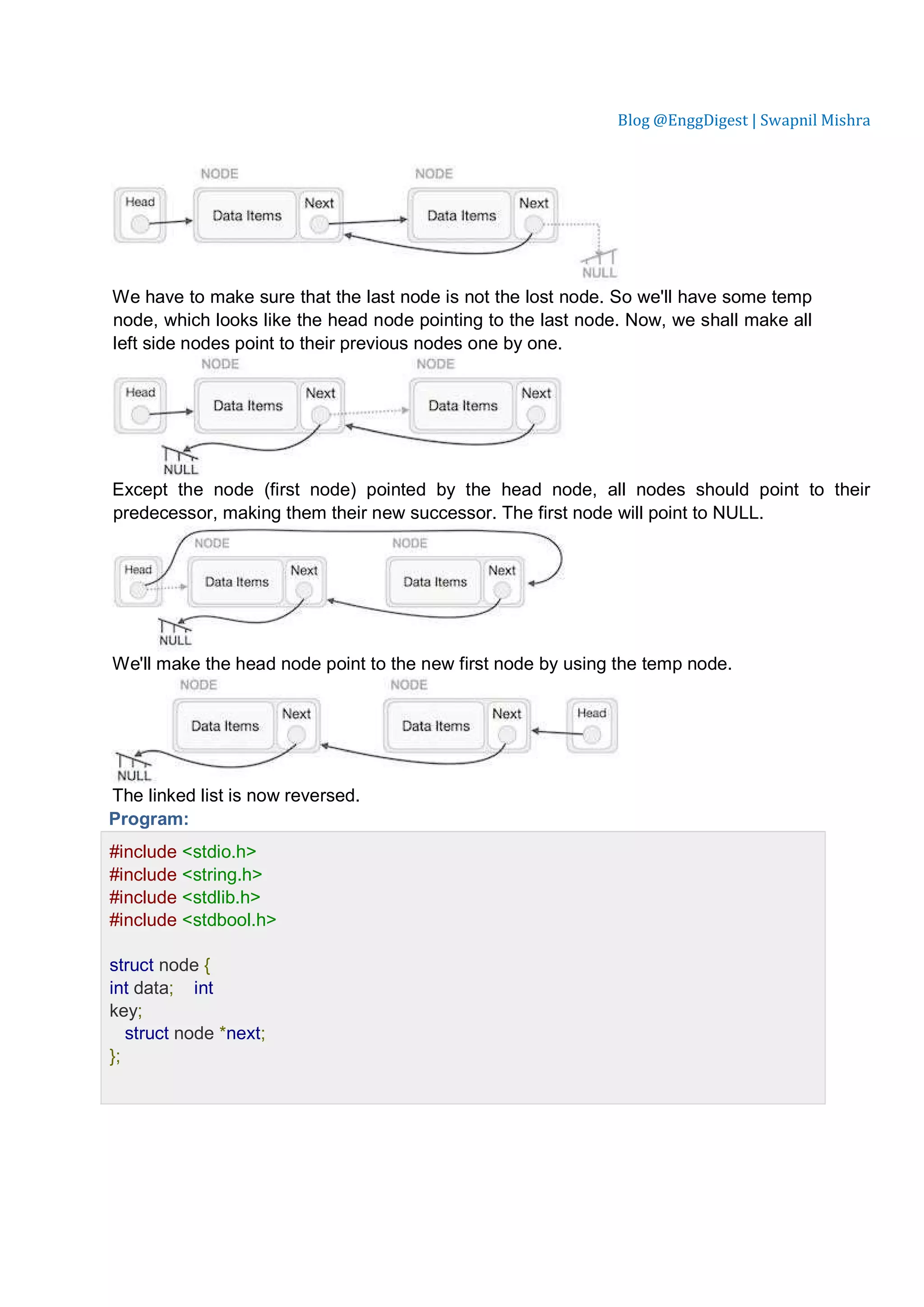 Blog @EnggDigest | Swapnil Mishra We have to make sure that the last node is not the lost node. So we'll have some temp node, which looks like the head node pointing to the last node. Now, we shall make all left side nodes point to their previous nodes one by one. Except the node (first node) pointed by the head node, all nodes should point to their predecessor, making them their new successor. The first node will point to NULL. We'll make the head node point to the new first node by using the temp node. The linked list is now reversed. Program: #include <stdio.h> #include <string.h> #include <stdlib.h> #include <stdbool.h> struct node { int data; int key; struct node *next; }; 