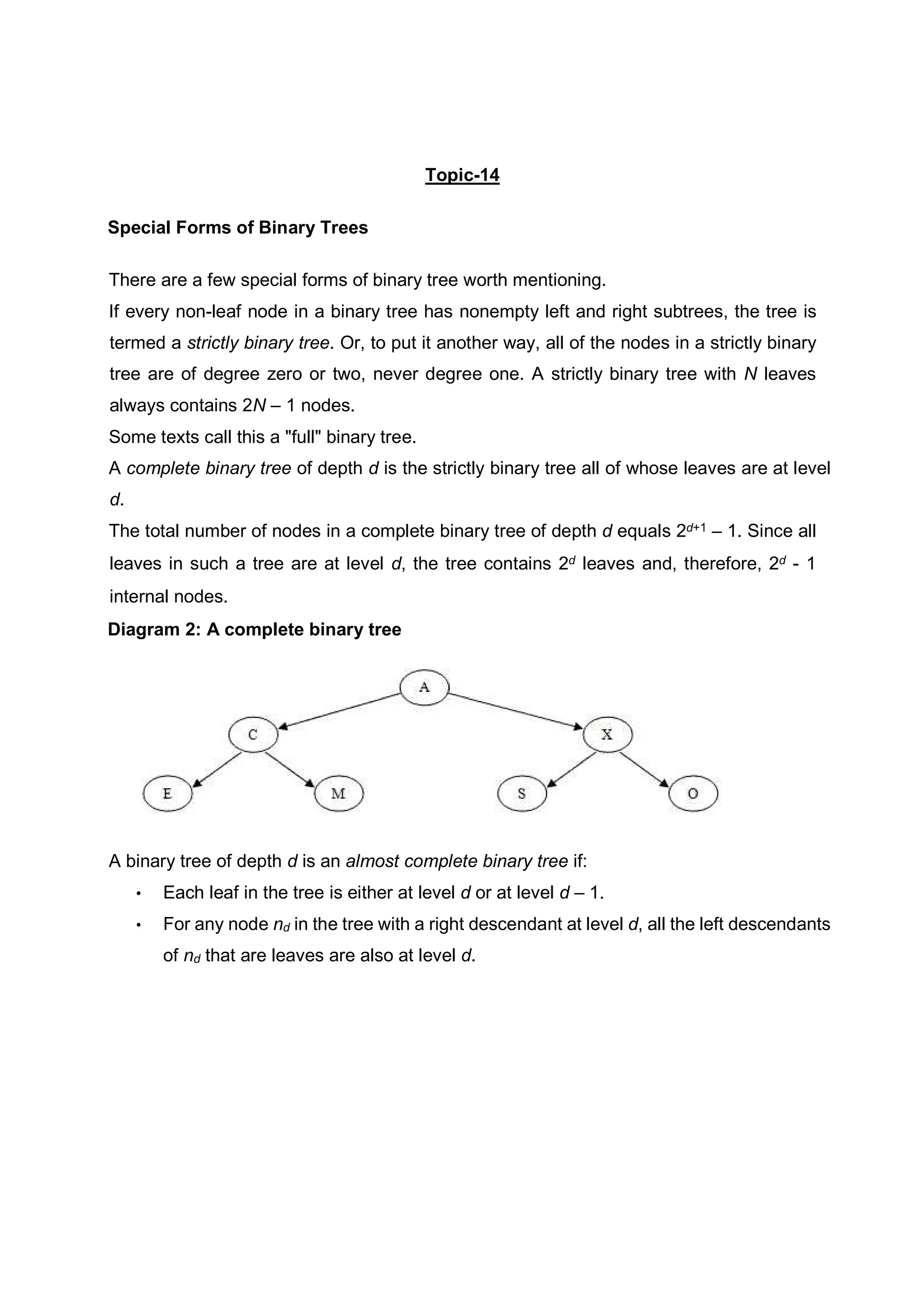 Topic-14 Special Forms of Binary Trees There are a few special forms of binary tree worth mentioning. If every non-leaf node in a binary tree has nonempty left and right subtrees, the tree is termed a strictly binary tree. Or, to put it another way, all of the nodes in a strictly binary tree are of degree zero or two, never degree one. A strictly binary tree with N leaves always contains 2N – 1 nodes. Some texts call this a "full" binary tree. A complete binary tree of depth d is the strictly binary tree all of whose leaves are at level d. The total number of nodes in a complete binary tree of depth d equals 2d+1 – 1. Since all leaves in such a tree are at level d, the tree contains 2d leaves and, therefore, 2d - 1 internal nodes. Diagram 2: A complete binary tree A binary tree of depth d is an almost complete binary tree if: • Each leaf in the tree is either at level d or at level d – 1. • For any node nd in the tree with a right descendant at level d, all the left descendants of nd that are leaves are also at level d. 