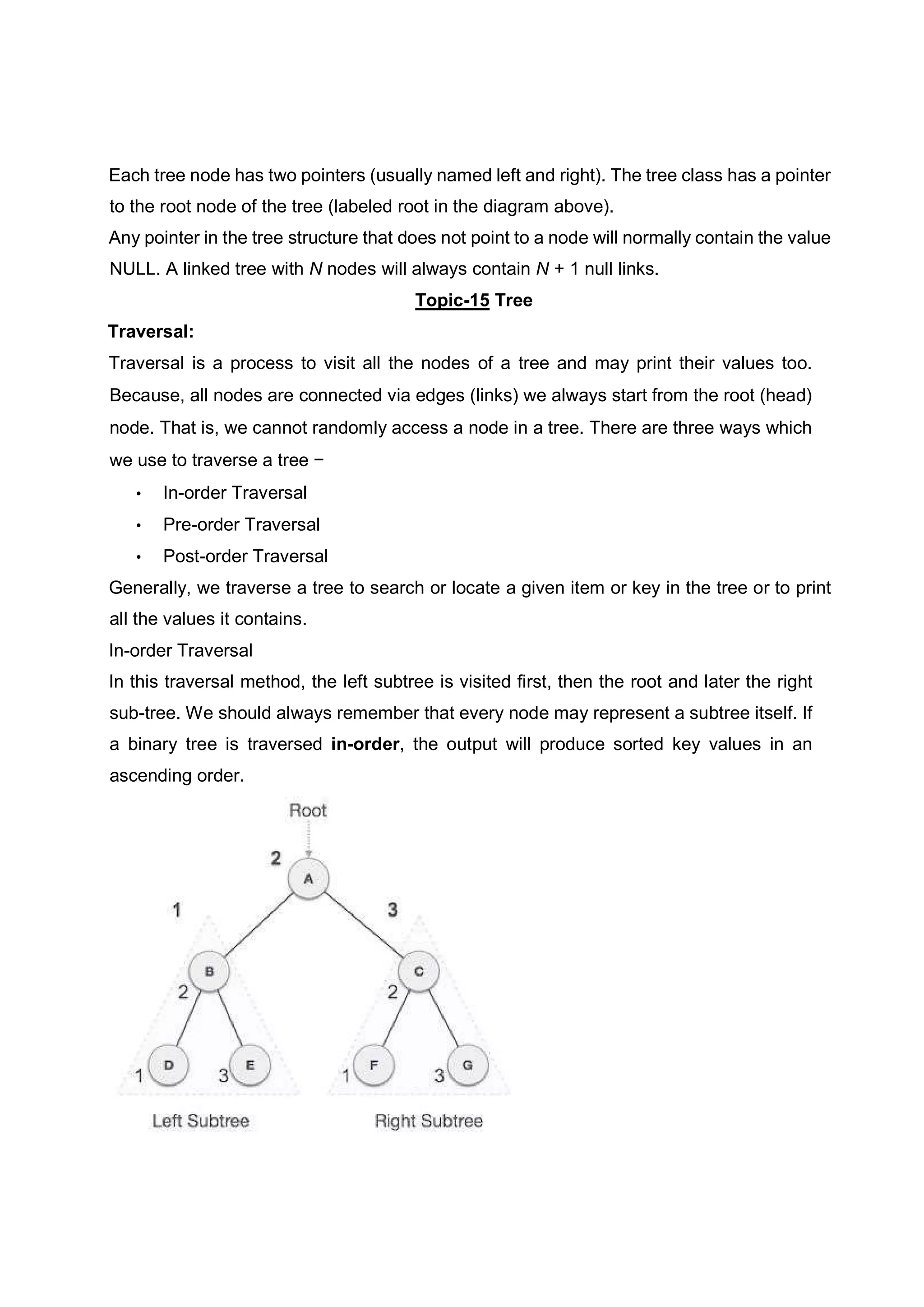 Each tree node has two pointers (usually named left and right). The tree class has a pointer to the root node of the tree (labeled root in the diagram above). Any pointer in the tree structure that does not point to a node will normally contain the value NULL. A linked tree with N nodes will always contain N + 1 null links. Topic-15 Tree Traversal: Traversal is a process to visit all the nodes of a tree and may print their values too. Because, all nodes are connected via edges (links) we always start from the root (head) node. That is, we cannot randomly access a node in a tree. There are three ways which we use to traverse a tree − • In-order Traversal • Pre-order Traversal • Post-order Traversal Generally, we traverse a tree to search or locate a given item or key in the tree or to print all the values it contains. In-order Traversal In this traversal method, the left subtree is visited first, then the root and later the right sub-tree. We should always remember that every node may represent a subtree itself. If a binary tree is traversed in-order, the output will produce sorted key values in an ascending order. 