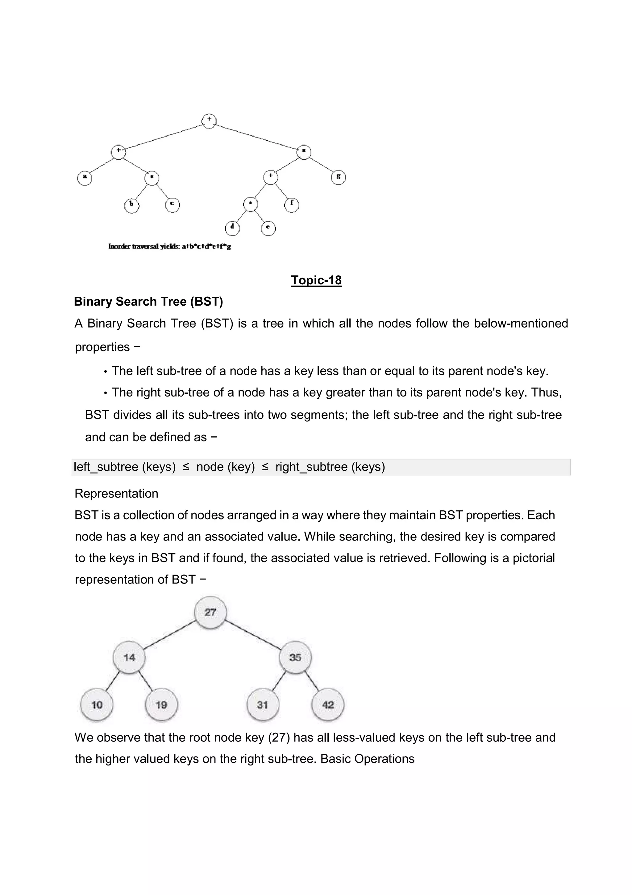 Topic-18 Binary Search Tree (BST) A Binary Search Tree (BST) is a tree in which all the nodes follow the below-mentioned properties − • The left sub-tree of a node has a key less than or equal to its parent node's key. • The right sub-tree of a node has a key greater than to its parent node's key. Thus, BST divides all its sub-trees into two segments; the left sub-tree and the right sub-tree and can be defined as − left_subtree (keys) ≤ node (key) ≤ right_subtree (keys) Representation BST is a collection of nodes arranged in a way where they maintain BST properties. Each node has a key and an associated value. While searching, the desired key is compared to the keys in BST and if found, the associated value is retrieved. Following is a pictorial representation of BST − We observe that the root node key (27) has all less-valued keys on the left sub-tree and the higher valued keys on the right sub-tree. Basic Operations 