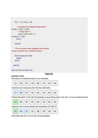 for j = 0 to loop-1 do:
/* compare the adjacent elements */
if list[j] > list[j+1] then
/* swap them */
swap( list[j], list[j+1] )
swapped = true
end if
end for
/*if no number was swapped that means
array is sorted now, break the loop.*/
if(not swapped) then
break
end if
end for
end procedure return list
Topic-25
Insertion Sort
We take an unsorted array for our example.
Insertion sort compares the first two elements.
It finds that both 14 and 33 are already in ascending order. For now, 14 is in sorted sub-list.
Insertion sort moves ahead and compares 33 with 27.
And finds that 33 is not in the correct position.
 