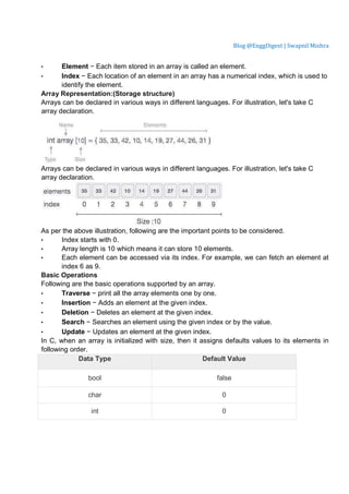 Blog @EnggDigest | Swapnil Mishra
• Element − Each item stored in an array is called an element.
• Index − Each location of an element in an array has a numerical index, which is used to
identify the element.
Array Representation:(Storage structure)
Arrays can be declared in various ways in different languages. For illustration, let's take C
array declaration.
Arrays can be declared in various ways in different languages. For illustration, let's take C
array declaration.
As per the above illustration, following are the important points to be considered.
• Index starts with 0.
• Array length is 10 which means it can store 10 elements.
• Each element can be accessed via its index. For example, we can fetch an element at
index 6 as 9.
Basic Operations
Following are the basic operations supported by an array.
• Traverse − print all the array elements one by one.
• Insertion − Adds an element at the given index.
• Deletion − Deletes an element at the given index.
• Search − Searches an element using the given index or by the value.
• Update − Updates an element at the given index.
In C, when an array is initialized with size, then it assigns defaults values to its elements in
following order.
Data Type Default Value
bool false
char 0
int 0
 