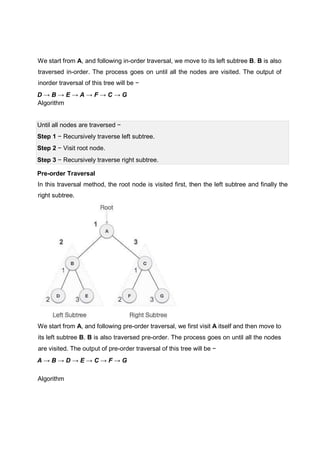 We start from A, and following in-order traversal, we move to its left subtree B. B is also
traversed in-order. The process goes on until all the nodes are visited. The output of
inorder traversal of this tree will be −
D → B → E → A → F → C → G
Algorithm
Until all nodes are traversed −
Step 1 − Recursively traverse left subtree.
Step 2 − Visit root node.
Step 3 − Recursively traverse right subtree.
Pre-order Traversal
In this traversal method, the root node is visited first, then the left subtree and finally the
right subtree.
We start from A, and following pre-order traversal, we first visit A itself and then move to
its left subtree B. B is also traversed pre-order. The process goes on until all the nodes
are visited. The output of pre-order traversal of this tree will be −
A → B → D → E → C → F → G
Algorithm
 