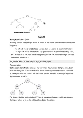 Topic-18
Binary Search Tree (BST)
A Binary Search Tree (BST) is a tree in which all the nodes follow the below-mentioned
properties −
• The left sub-tree of a node has a key less than or equal to its parent node's key.
• The right sub-tree of a node has a key greater than to its parent node's key. Thus,
BST divides all its sub-trees into two segments; the left sub-tree and the right sub-tree
and can be defined as −
left_subtree (keys) ≤ node (key) ≤ right_subtree (keys)
Representation
BST is a collection of nodes arranged in a way where they maintain BST properties. Each
node has a key and an associated value. While searching, the desired key is compared
to the keys in BST and if found, the associated value is retrieved. Following is a pictorial
representation of BST −
We observe that the root node key (27) has all less-valued keys on the left sub-tree and
the higher valued keys on the right sub-tree. Basic Operations
 