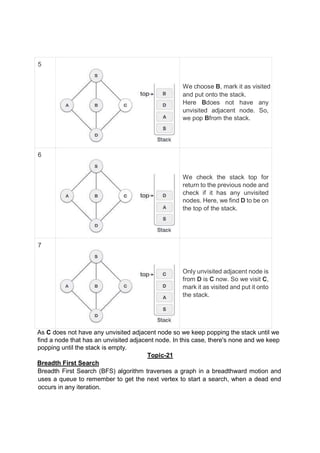 5
We choose B, mark it as visited
and put onto the stack.
Here Bdoes not have any
unvisited adjacent node. So,
we pop Bfrom the stack.
6
We check the stack top for
return to the previous node and
check if it has any unvisited
nodes. Here, we find D to be on
the top of the stack.
7
Only unvisited adjacent node is
from D is C now. So we visit C,
mark it as visited and put it onto
the stack.
As C does not have any unvisited adjacent node so we keep popping the stack until we
find a node that has an unvisited adjacent node. In this case, there's none and we keep
popping until the stack is empty.
Topic-21
Breadth First Search
Breadth First Search (BFS) algorithm traverses a graph in a breadthward motion and
uses a queue to remember to get the next vertex to start a search, when a dead end
occurs in any iteration.
 