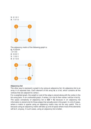 3 : 0 1 0 1
4 : 1 0 1 0
The adjacency matrix of the following graph is:
i/j: 1 2 3 4 1
: 0 1 0 0
2 : 0 0 0 1
3 : 1 0 0 1
4 : 0 1 0 0
Adjacency list
The other way to represent a graph is by using an adjacency list. An adjacency list is an
array A of separate lists. Each element of the array Ai is a list, which contains all the
vertices that are adjacent to vertex i.
For a weighted graph, the weight or cost of the edge is stored along with the vertex in the
list using pairs. In an undirected graph, if vertex j is in list Ai then vertex i will be in list Aj.
The space complexity of adjacency list is O(V + E) because in an adjacency list
information is stored only for those edges that actually exist in the graph. In a lot of cases,
where a matrix is sparse using an adjacency matrix may not be very useful. This is
because using an adjacency matrix will take up a lot of space where most of the elements
will be 0, anyway. In such cases, using an adjacency list is better.
 