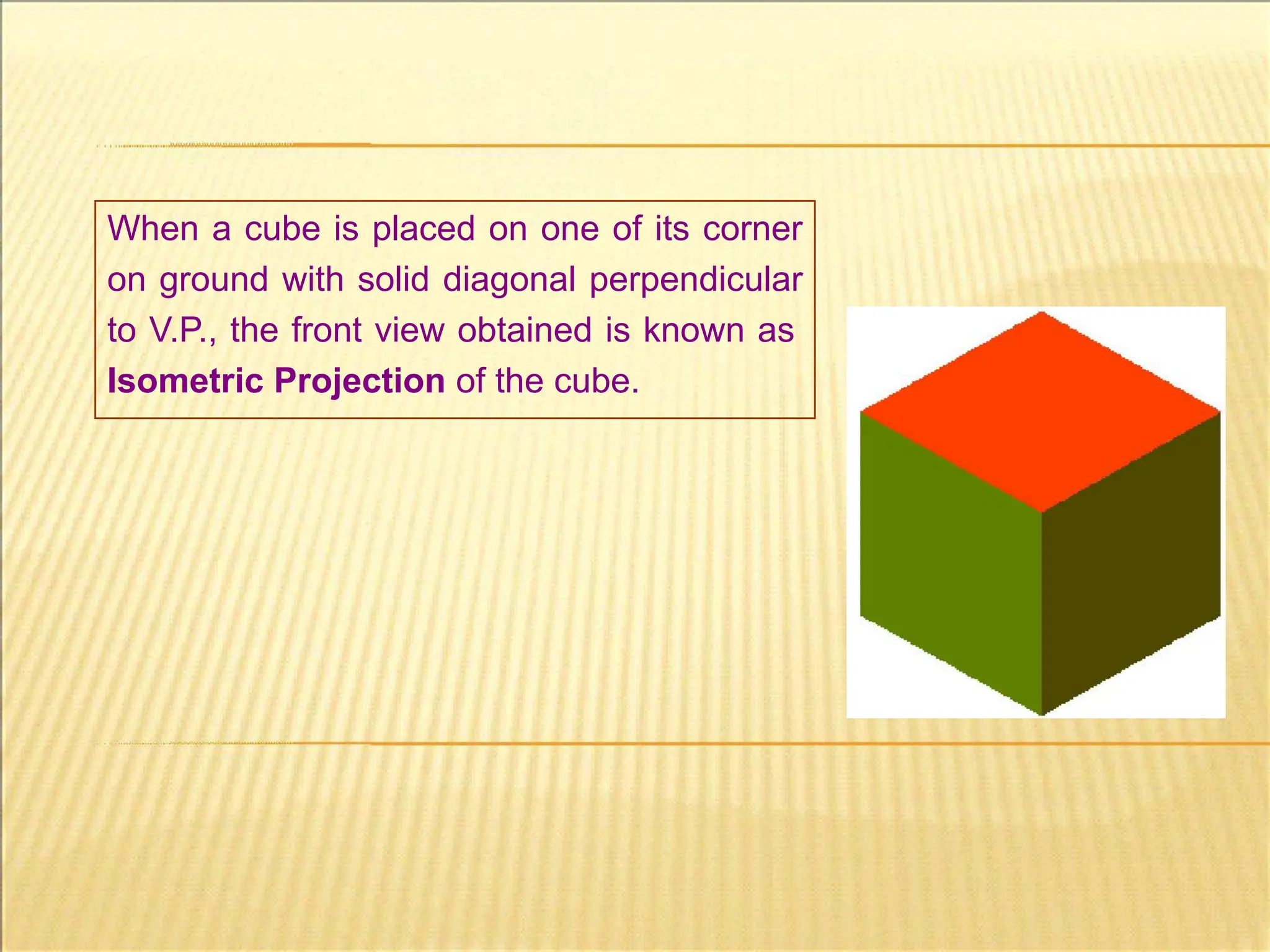When a cube is placed on one of its corner
on ground with solid diagonal perpendicular
to V.P., the front view obtained is known as
Isometric Projection of the cube.
 