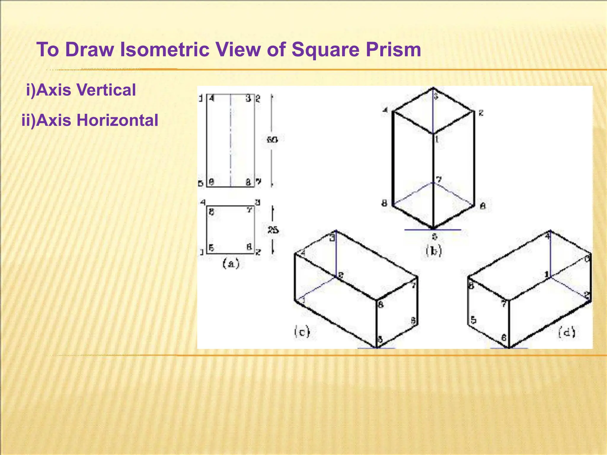To Draw Isometric View of Square Prism
i)Axis Vertical
ii)Axis Horizontal
 