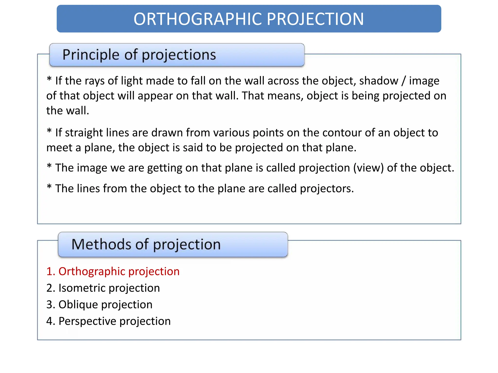 ORTHOGRAPHIC PROJECTION
* If the rays of light made to fall on the wall across the object, shadow / image
of that object will appear on that wall. That means, object is being projected on
the wall.
* If straight lines are drawn from various points on the contour of an object to
meet a plane, the object is said to be projected on that plane.
* The image we are getting on that plane is called projection (view) of the object.
* The lines from the object to the plane are called projectors.
1. Orthographic projection
2. Isometric projection
3. Oblique projection
4. Perspective projection
 